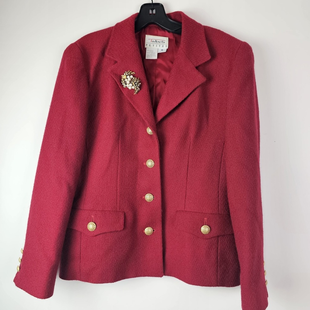 Talbots Vintage Womens Brick Red Wool Blend Classic Blazer 6 Brooch Gold Buttons